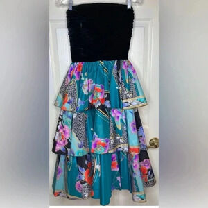 Vintage LEONARD FASHION COLLECTION Black Velvet Strapless Tiered Floral Dress 2?